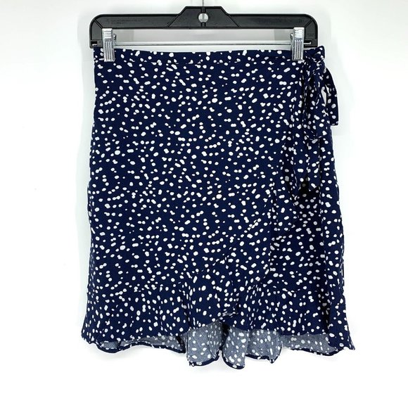 J.Crew Skirt Faux Wrap Mini Blue White Polka Dot Ruffle - Picture 2 of 9